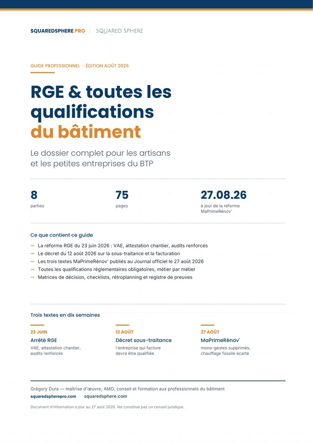 Couverture du manuel RGE et des qualifications du bâtiment, édition août 2026