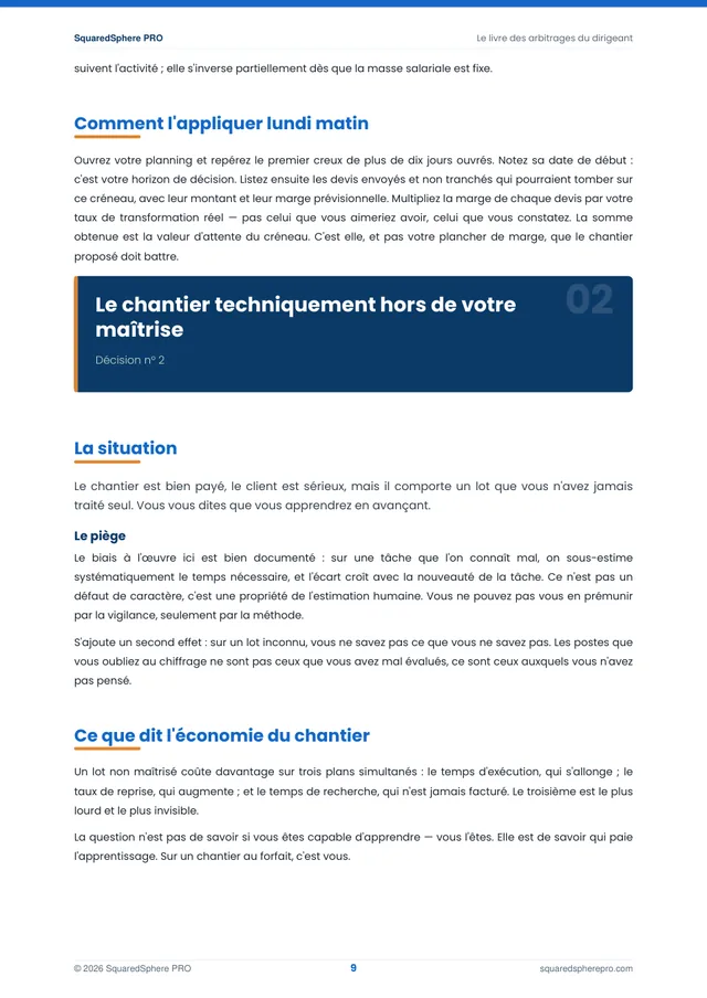 Page 10 de l’extrait du manuel 50 décisions qui font gagner ou perdre de l'argent dans le BTP
