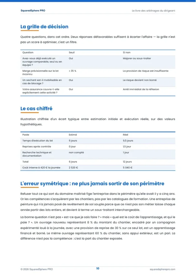 Page 11 de l’extrait du manuel 50 décisions qui font gagner ou perdre de l'argent dans le BTP
