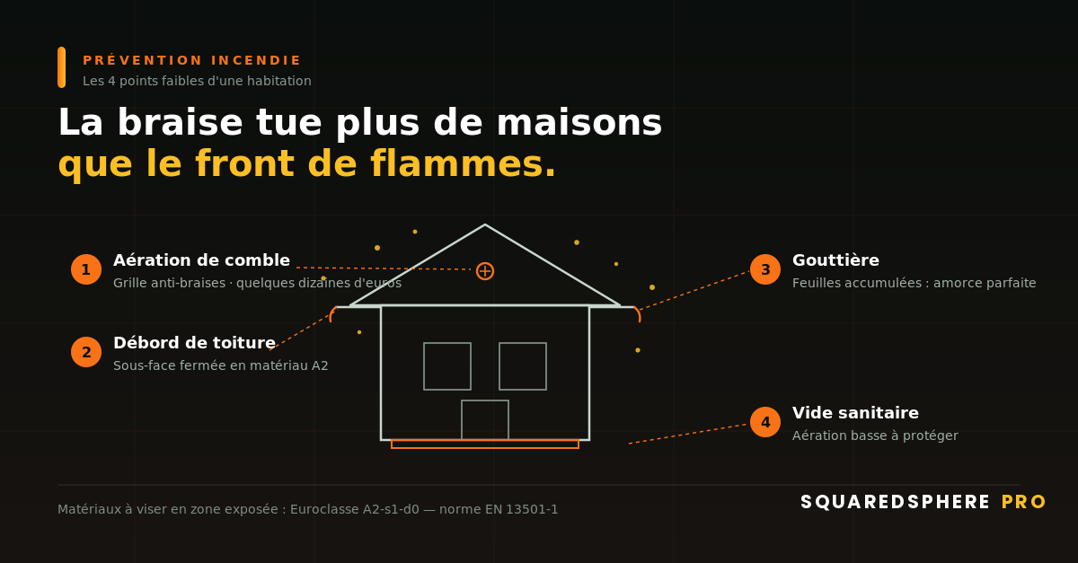 Schéma des quatre points d'entrée des braises dans une maison : aération de comble, débord de toiture, gouttière, vide sanitaire